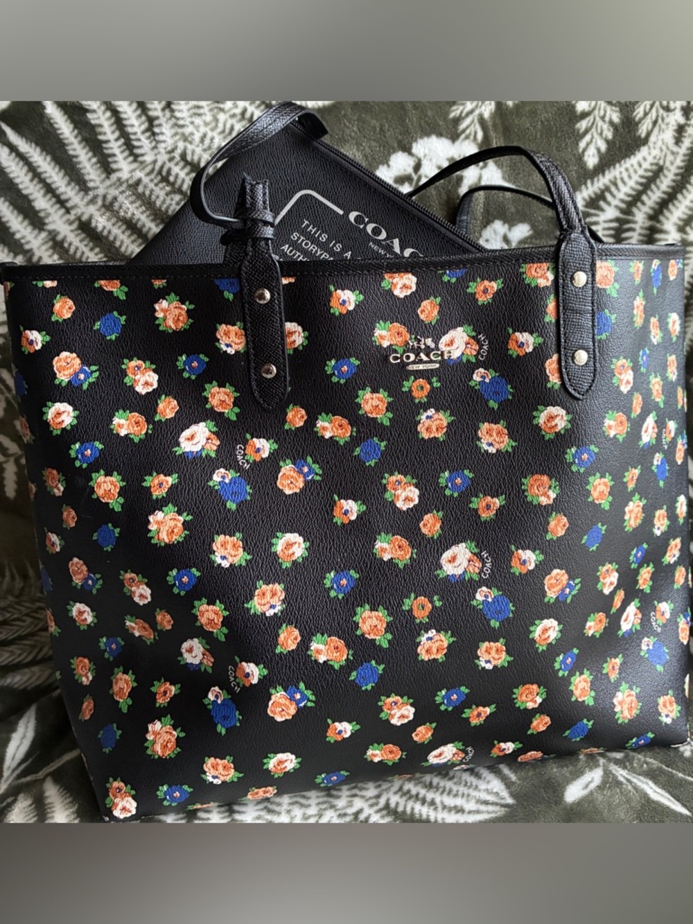 Coach Black Floral Print Tote with Orange and Blue Blooms,REVERSIBLE Bag - Picture 8 of 15